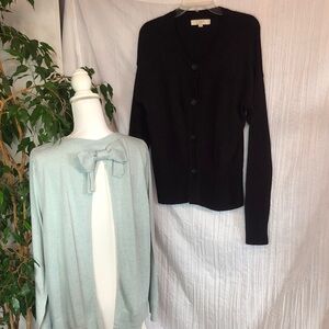 LOFT size L lt blue w/cream & lg bow & blk button down cardigan office workwear
